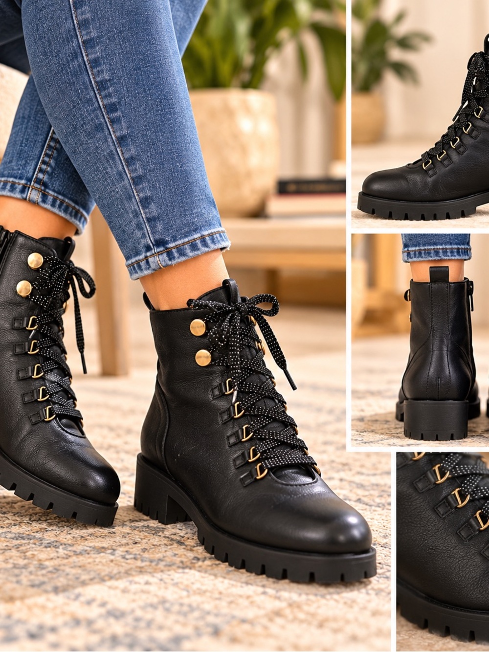 Chase + Chloe Storm-1 Black Combat Boots Size 8.5 Lace Up Lug Sole